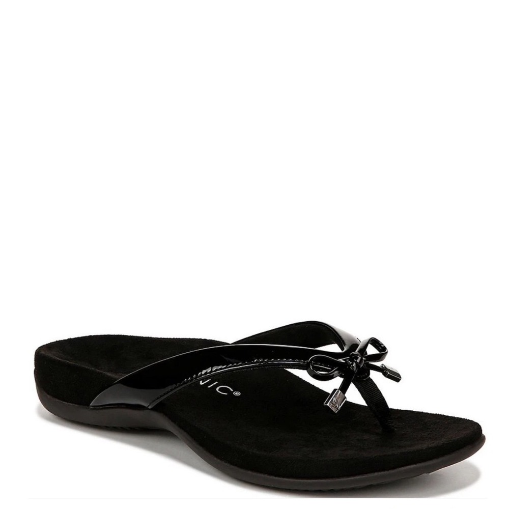 Vionic Bella II Black Patent Leather Bow Flip Flop Sandals Women's Size 7-7.5